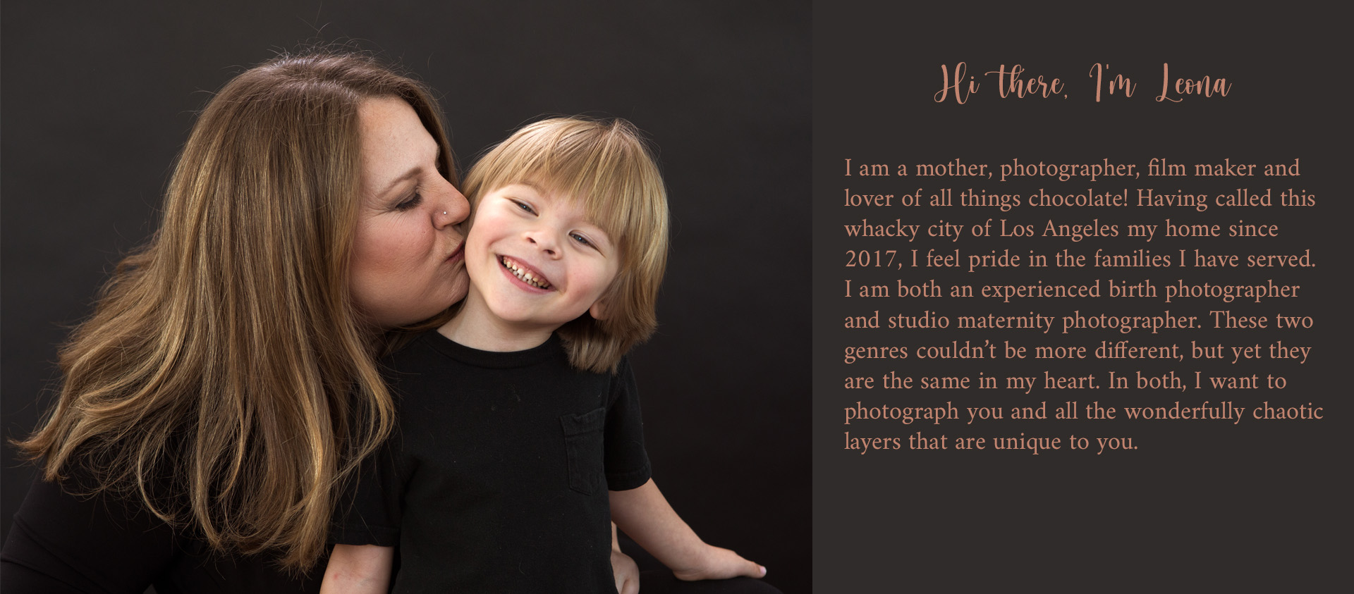 Color image and text describing Los Angeles birth and maternity photographer, Leona Darnell as she kisses her son.