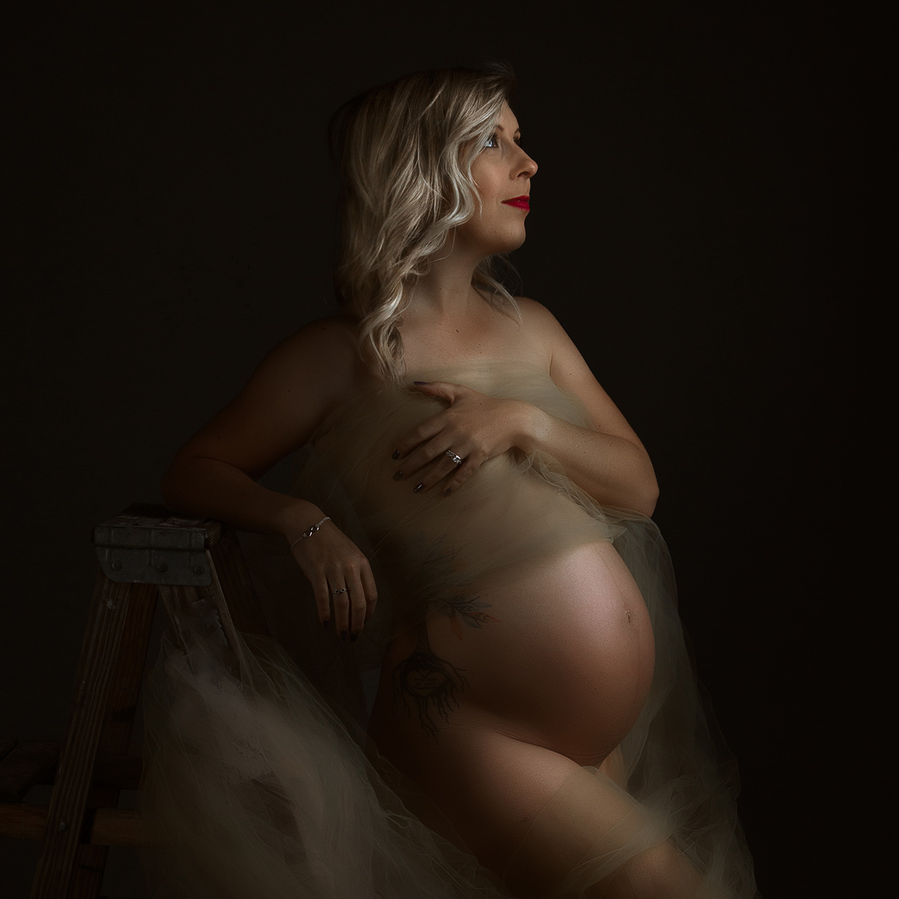 Los Angeles maternity photography photo of a pregnant woman wrapped in tulle