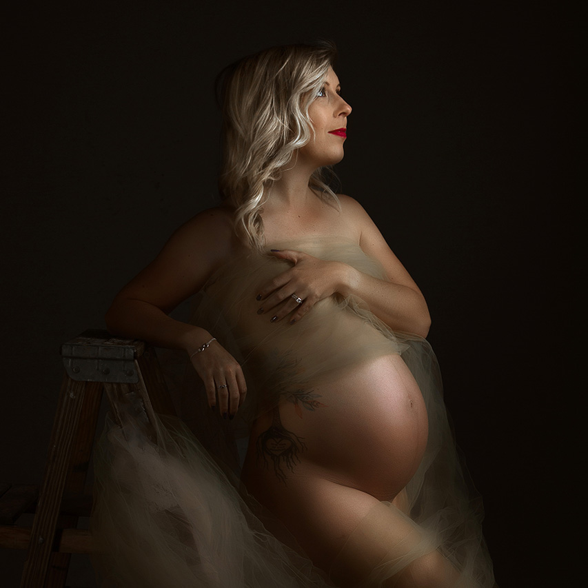 Los Angeles maternity photo of a pregnant woman wrapped in tulle