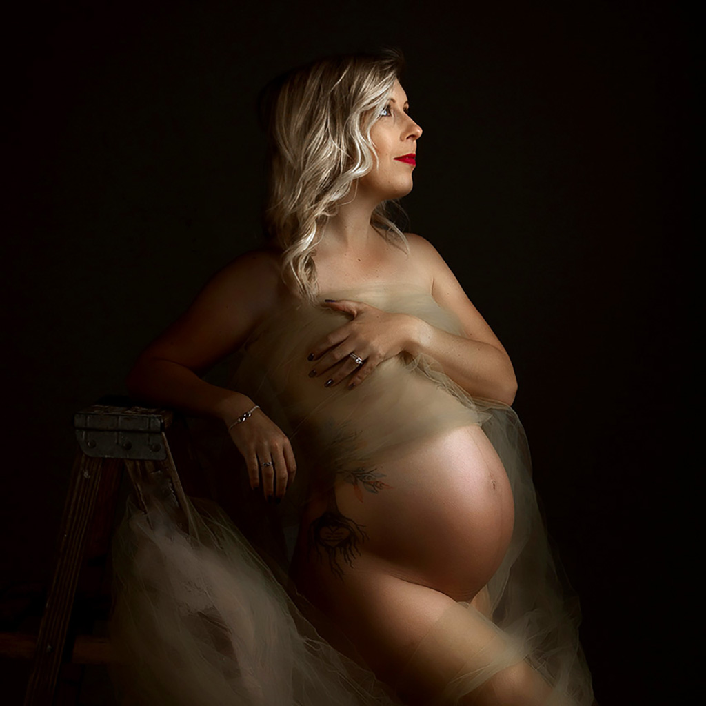 Expectant mother wrapped in flowing tulle during an elegant studio maternity portrait by Los Angeles birth and maternity photographer Leona Darnell.